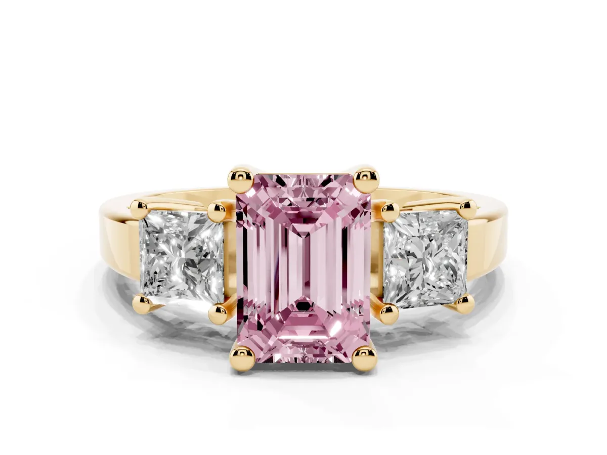 Fancy Pink Three-Stone Emerald Cut Cut Solitaire Ring with Prong Setting Yellow gold