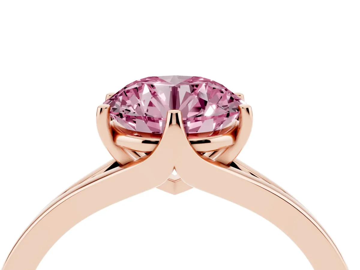 Fancy Pink Round Cut Solitaire Diamond Ring with Six-Prong Setting and Tapered Band Rose gold
