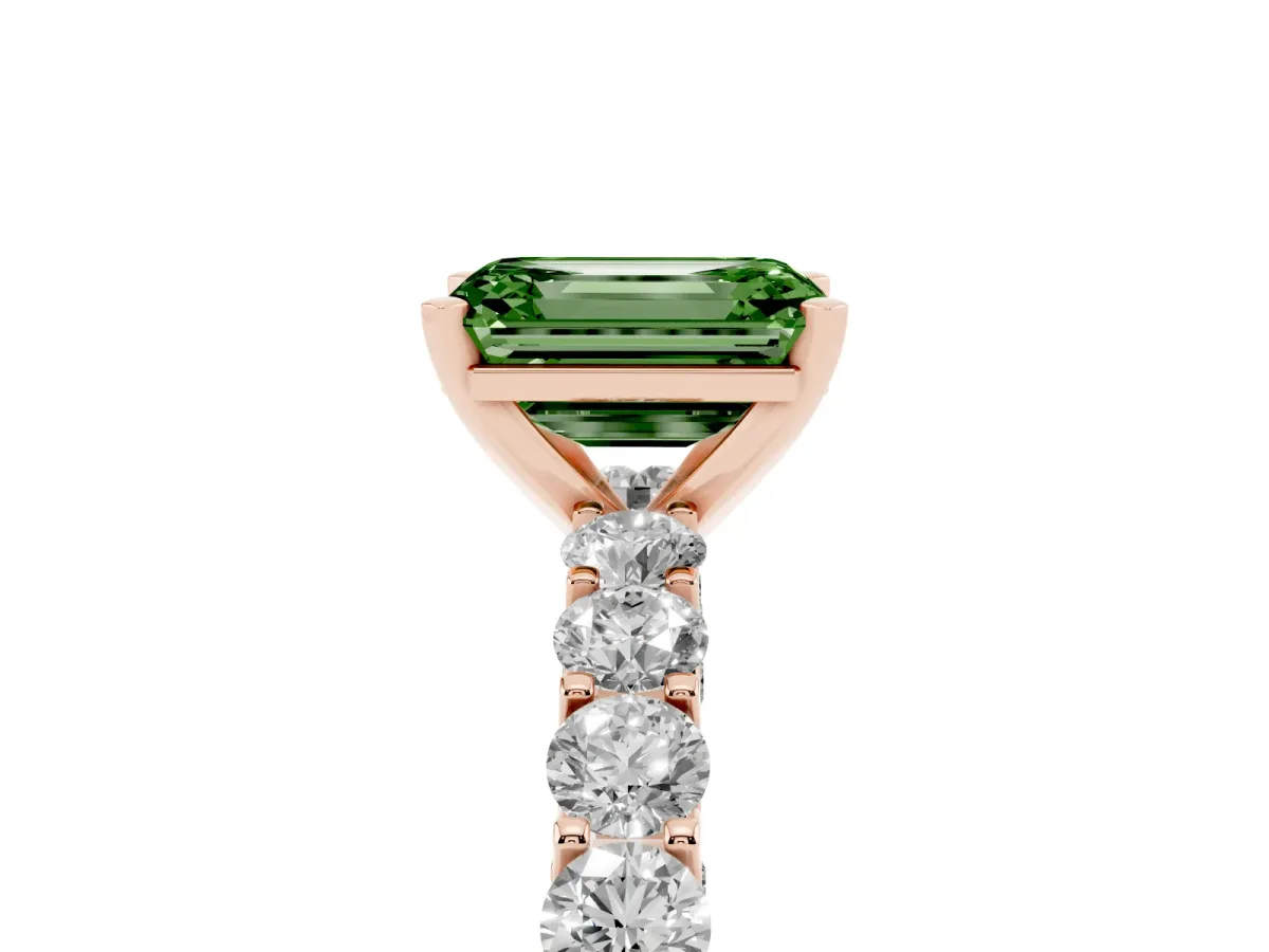 Fancy Green Emerald Cut Diamond Solitaire Ring with Shared Prong Pavé Band and Four-Prong Setting Rose gold