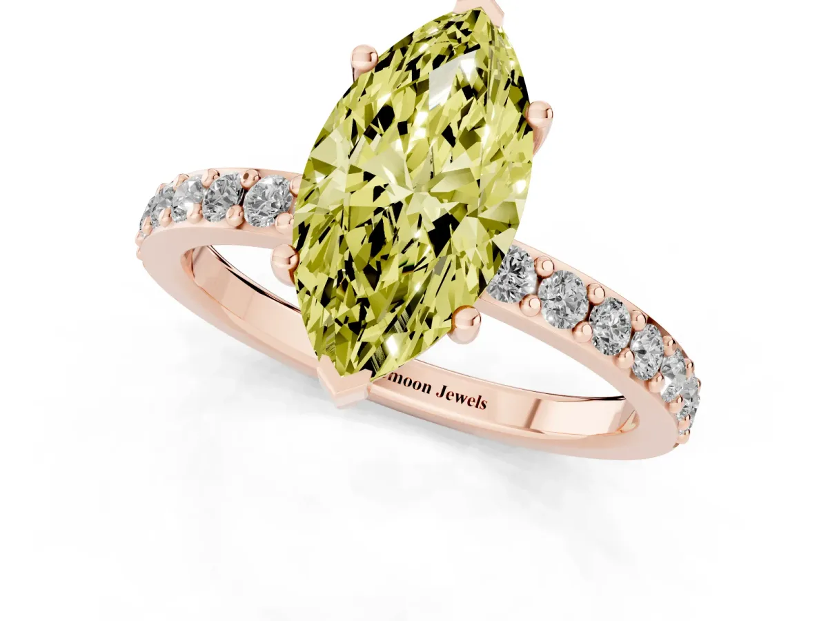 Fancy Yellow Marquise Cut Cut Diamond Solitaire with Pave Band and Four-Prong Setting Rose gold