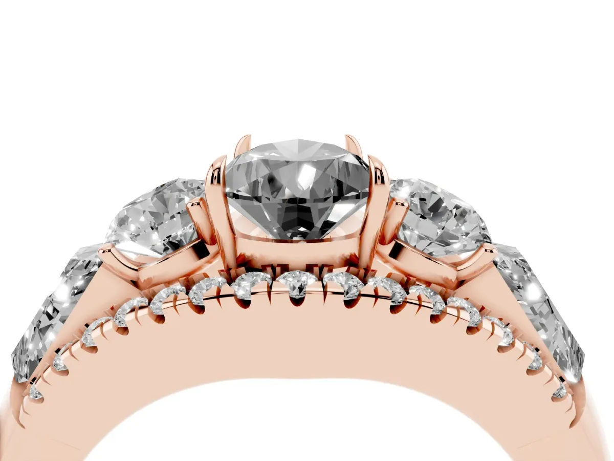 Fancy Black Three-Stone Pear Cut Diamond Engagement Ring with Pave Band and Prong Setting Rose gold