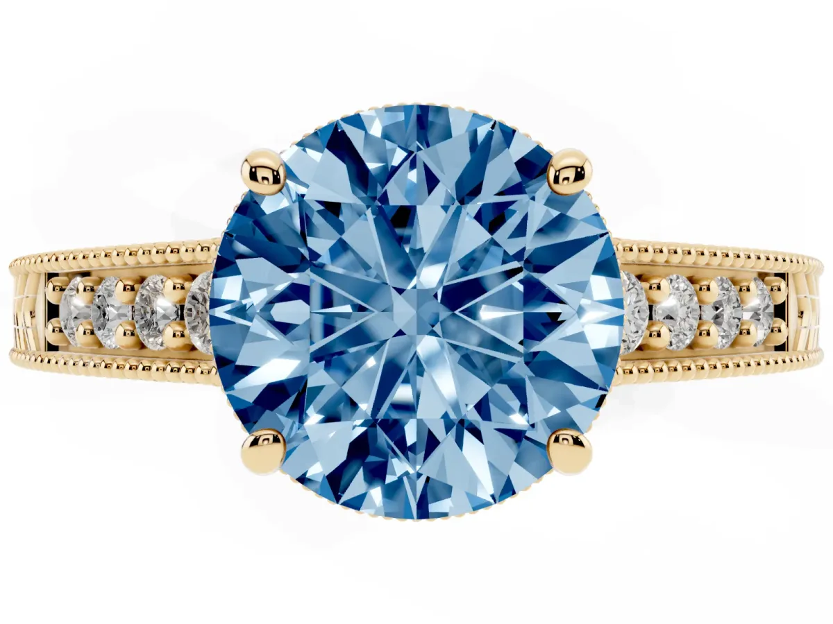 Fancy Blue Round Cut Solitaire Pavé Diamond Milgrain Engagement Ring with Four-Prong Setting Yellow gold