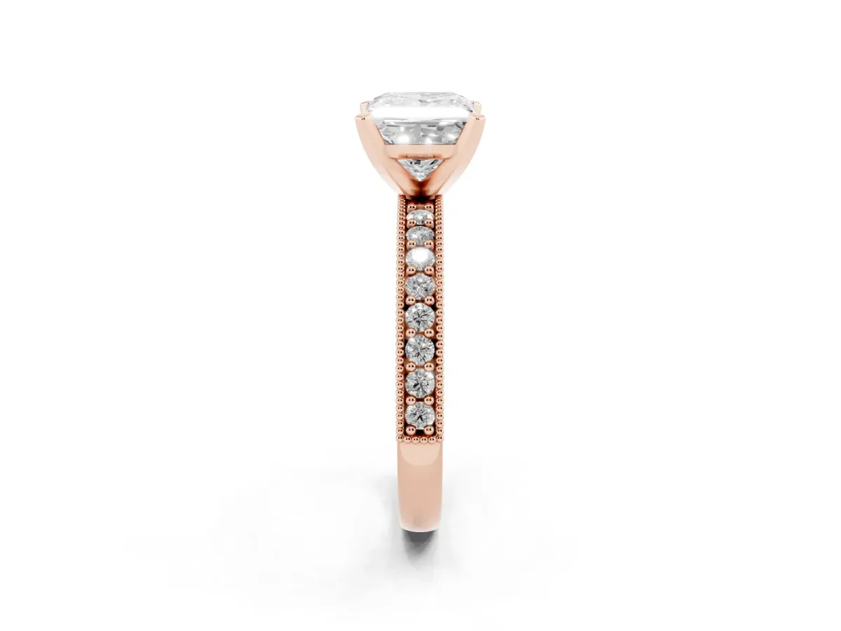 Princess Cut Diamond Milgrain Pavé Engagement Ring with Four-Prong Setting Rose gold