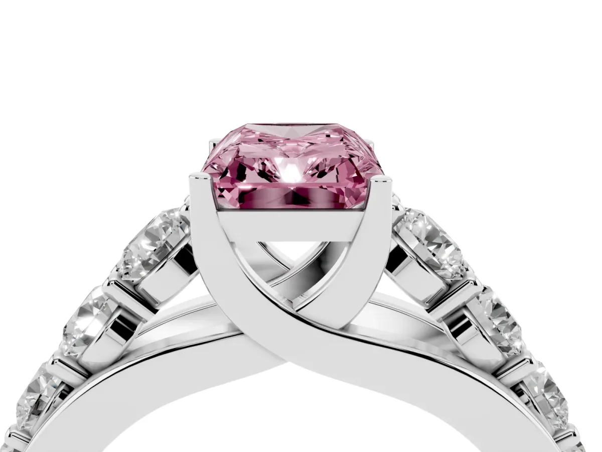Fancy Pink Radiant Cut Diamond Engagement Ring with Pavé Band and Four-Prong Setting Platinum