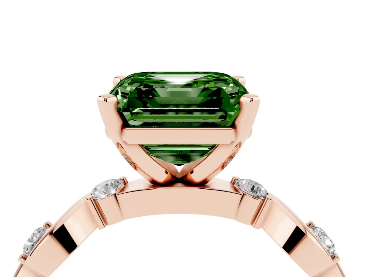 Fancy Green Asscher Cut Diamond Solitaire Twisted Band with Round Accents and Prong Setting Rose gold