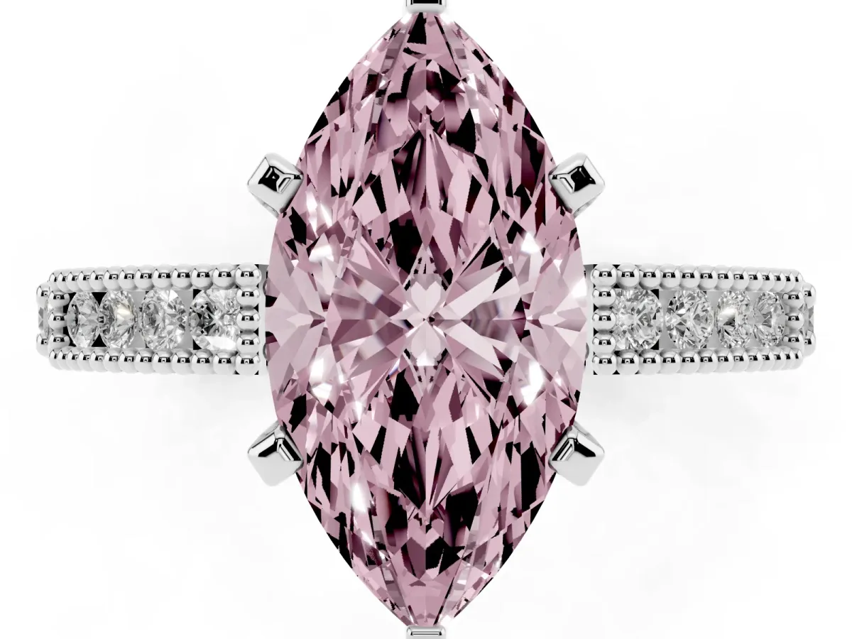 Fancy Pink Marquise Cut Solitaire with Pavé Band and Four-Prong Setting Silver
