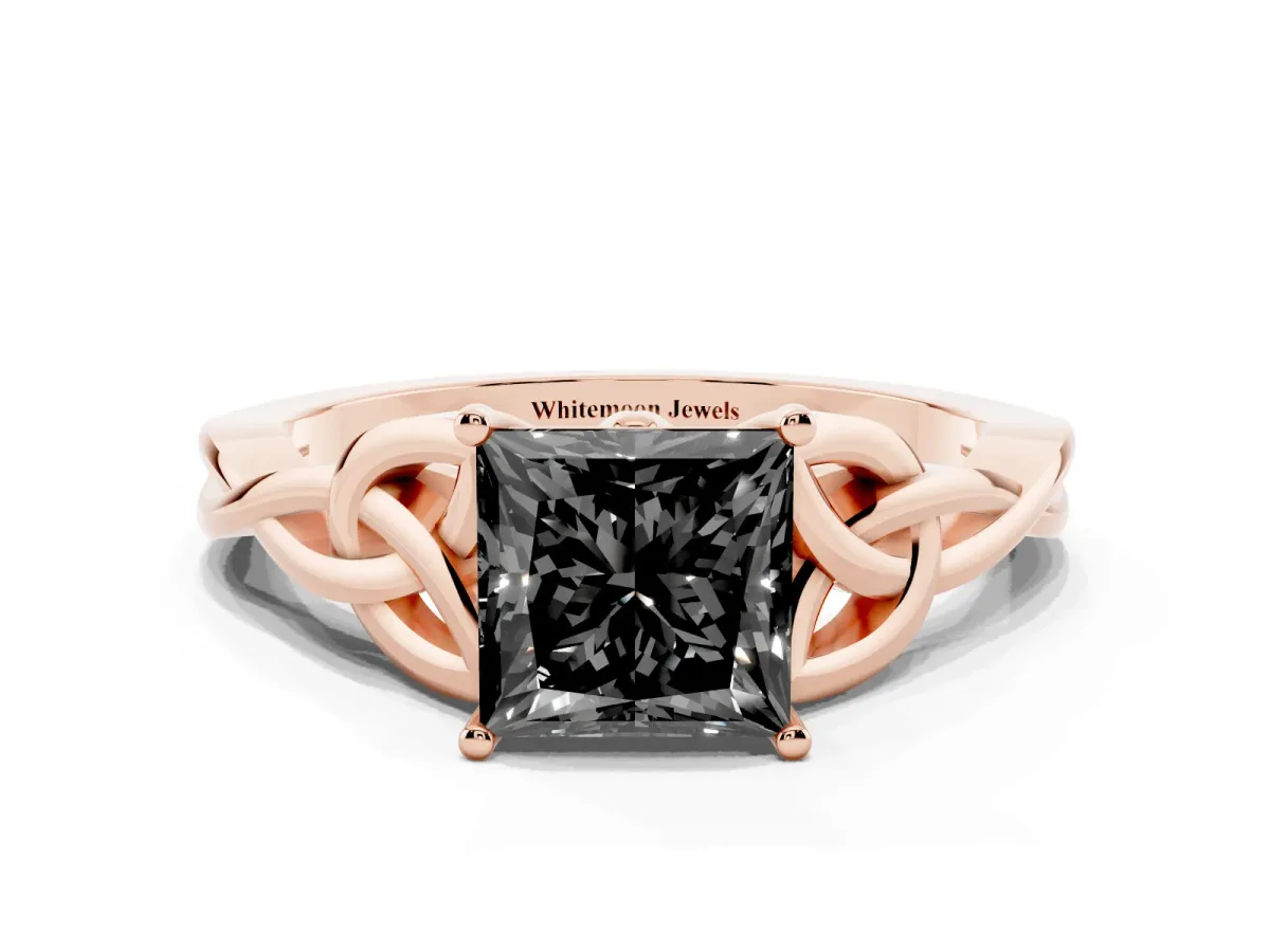 Fancy Black Princess Cut Diamond Solitaire Engagement Ring with Celtic Knot Band and Four-Prong Setting Rose gold