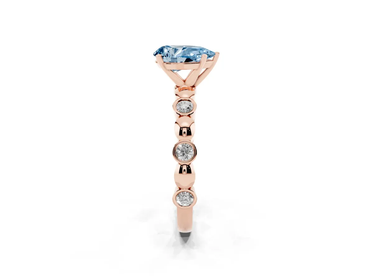 Fancy Blue Pear Cut Solitaire Bezel-Set Diamond Ring with Beaded Band and Four-Prong Setting Rose gold