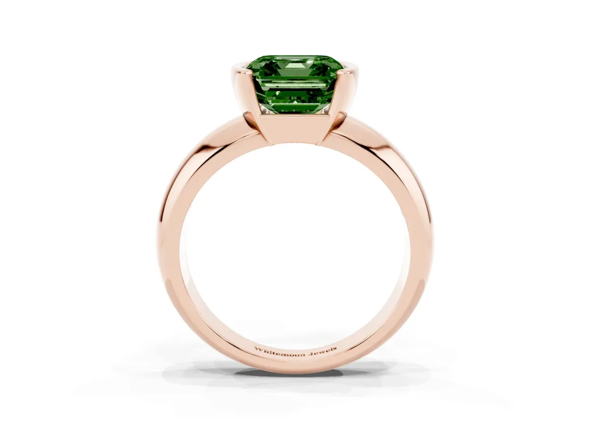 Fancy Green Asscher Cut Solitaire Tension Set Diamond Ring with Wide Band Rose gold