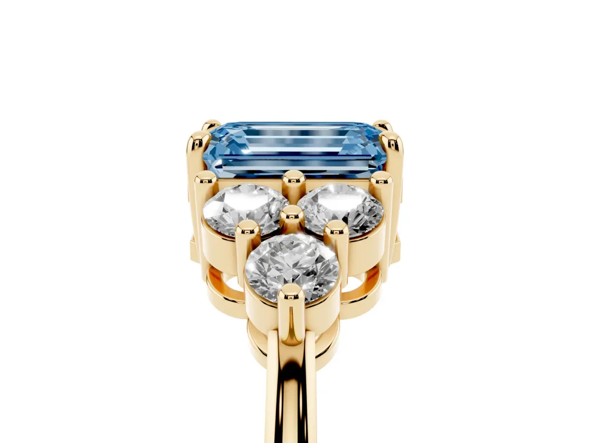 Fancy Blue Emerald Cut Brilliant Diamond Cluster Accent Solitaire Ring with Prong Setting Yellow gold