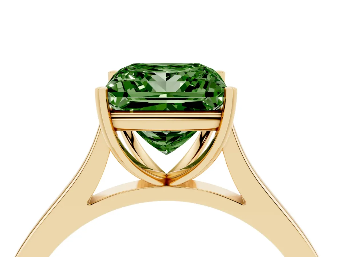Fancy Green Princess Cut Solitaire Heart Prong Engagement Ring with Tapered Band Yellow gold