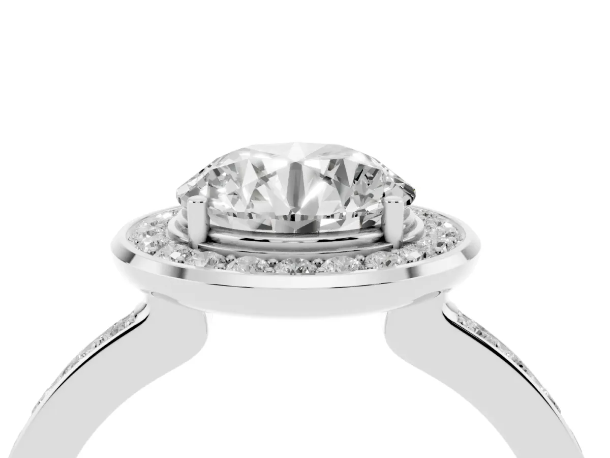 Round Cut Diamond Halo Ring with Bezel Frame and Pavé Band Platinum