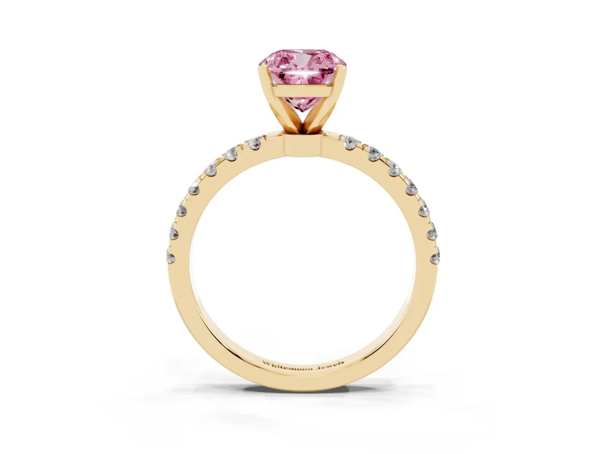 Fancy Pink Cushion Cut Diamond Solitaire Ring with Pavé Accents and Four-Prong Setting Yellow gold