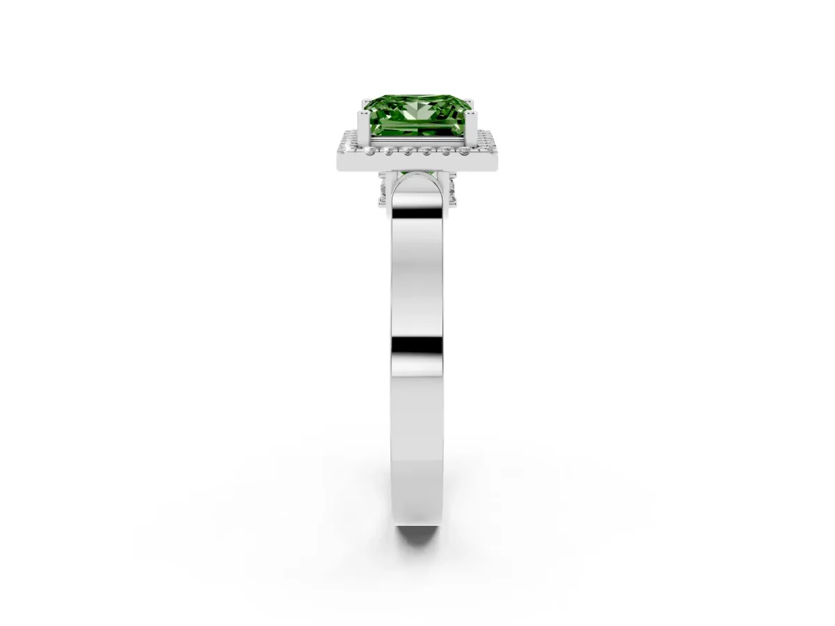 Fancy Green Princess Cut Halo Round Diamond Twist Band with Four-Prong Setting White gold