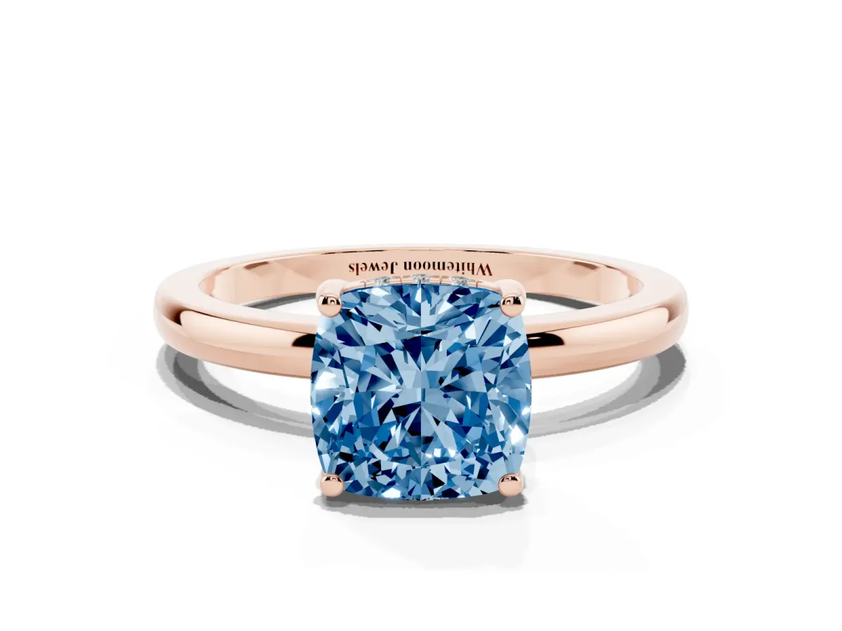 Fancy Blue Cushion Cut Solitaire Diamond Ring with Prong Setting and Plain Band Rose gold
