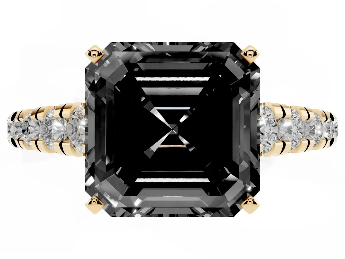 Fancy Black Asscher Cut Diamond Cathedral Solitaire Ring with Round Pavé Band Yellow gold