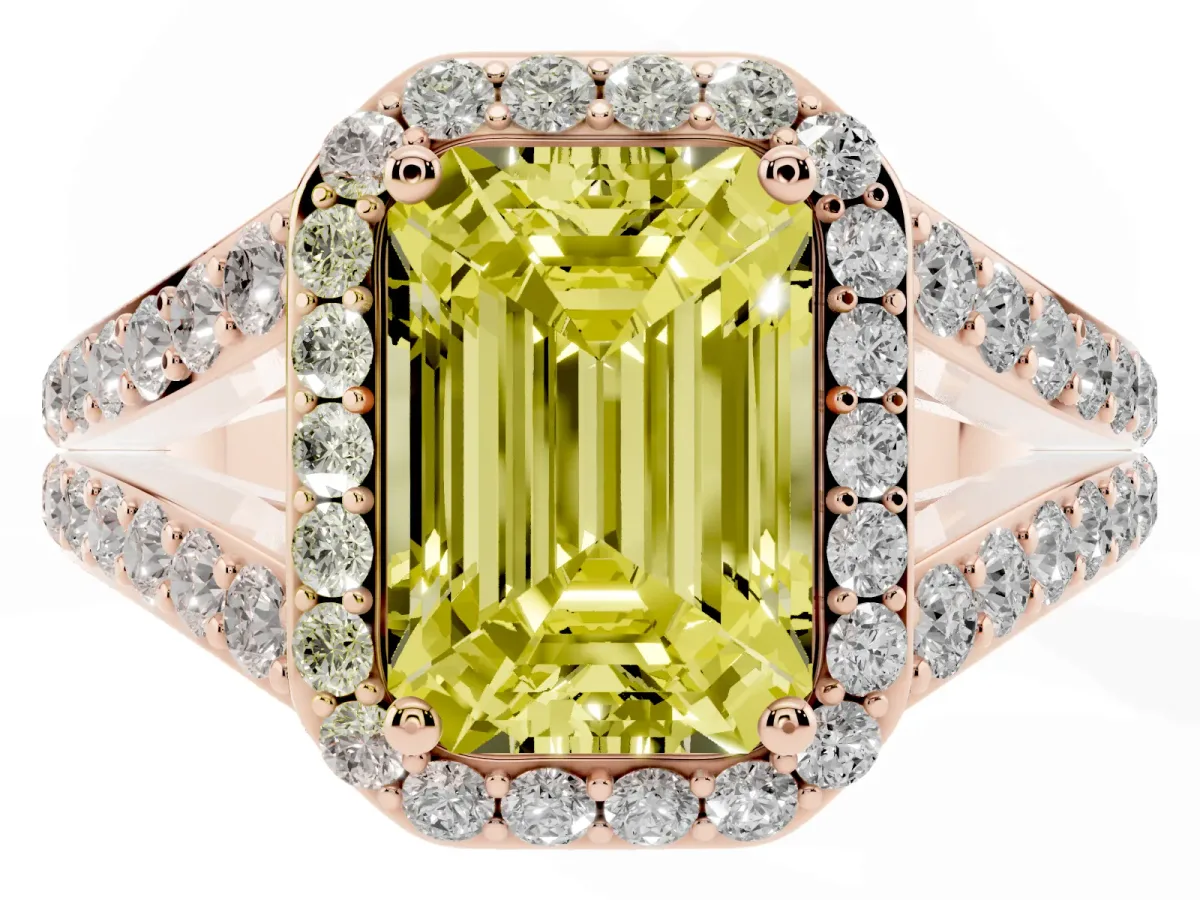 Fancy Yellow Emerald Cut Diamond Split Shank Halo Ring with Four-Prong Setting Rose gold
