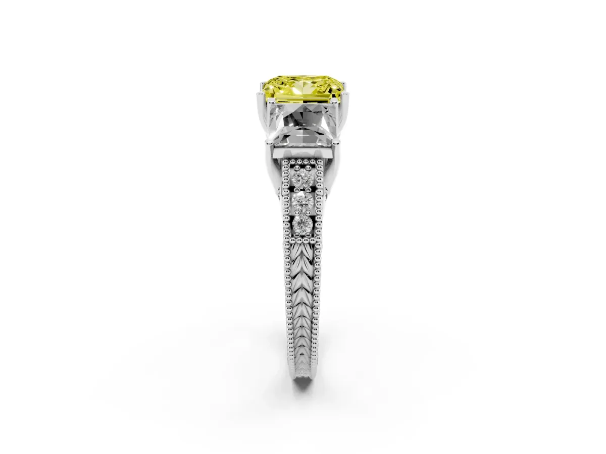 Fancy Yellow Three-Stone Princess Cut Cut Milgrain Pavé Engagement Ring Silver