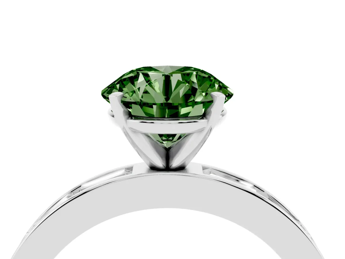 Fancy Green Round Cut Solitaire Diamond Ring with Channel-Set Baguette Band and Four-Prong Setting White gold