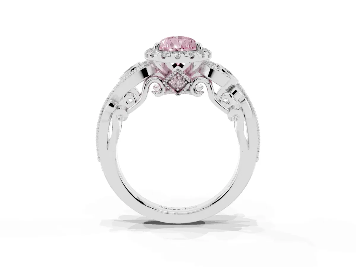 Fancy Pink Pear Cut Halo Diamond Ring with Milgrain and Bezel Accents on a Split Shank Band Silver