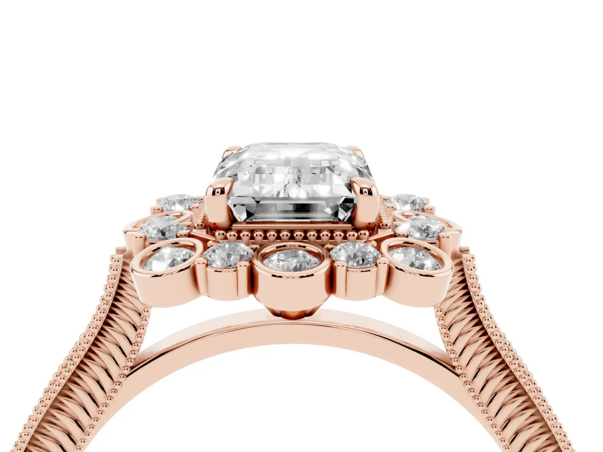 Emerald Cut Halo Milgrain Pave Diamond Ring with Four-Prong Setting Rose gold