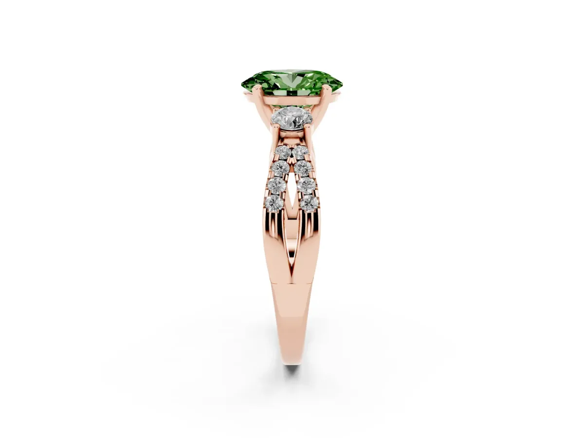 Fancy Green Oval Cut Diamond Three-Stone Ring with Pavé Split Shank and Four-Prong Setting Rose gold