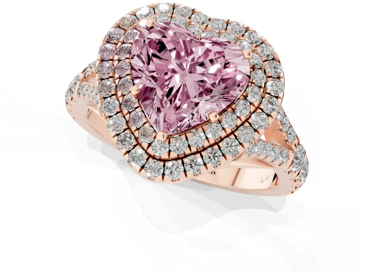 Fancy Pink Double Halo Heart Cut Diamond Split Shank Engagement Ring with Four-Prong Setting Rose gold