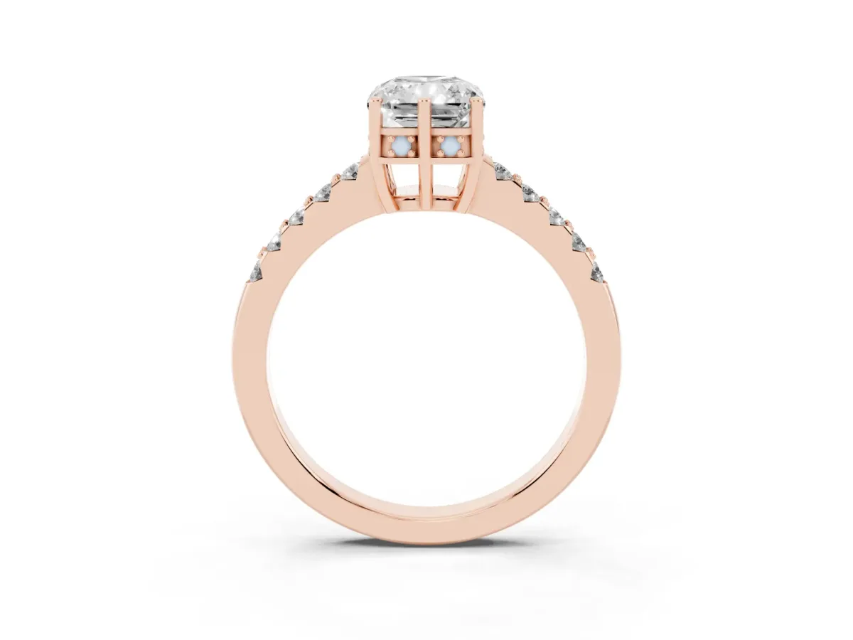 Radiant Cut Solitaire Diamond Engagement Ring with Pavé Band and Six-Prong Setting Rose gold