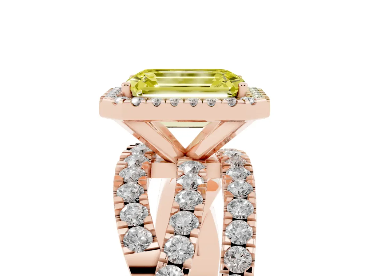 Fancy Yellow Emerald Cut Diamond Halo Ring with Round Split Shank and Prong Setting Rose gold