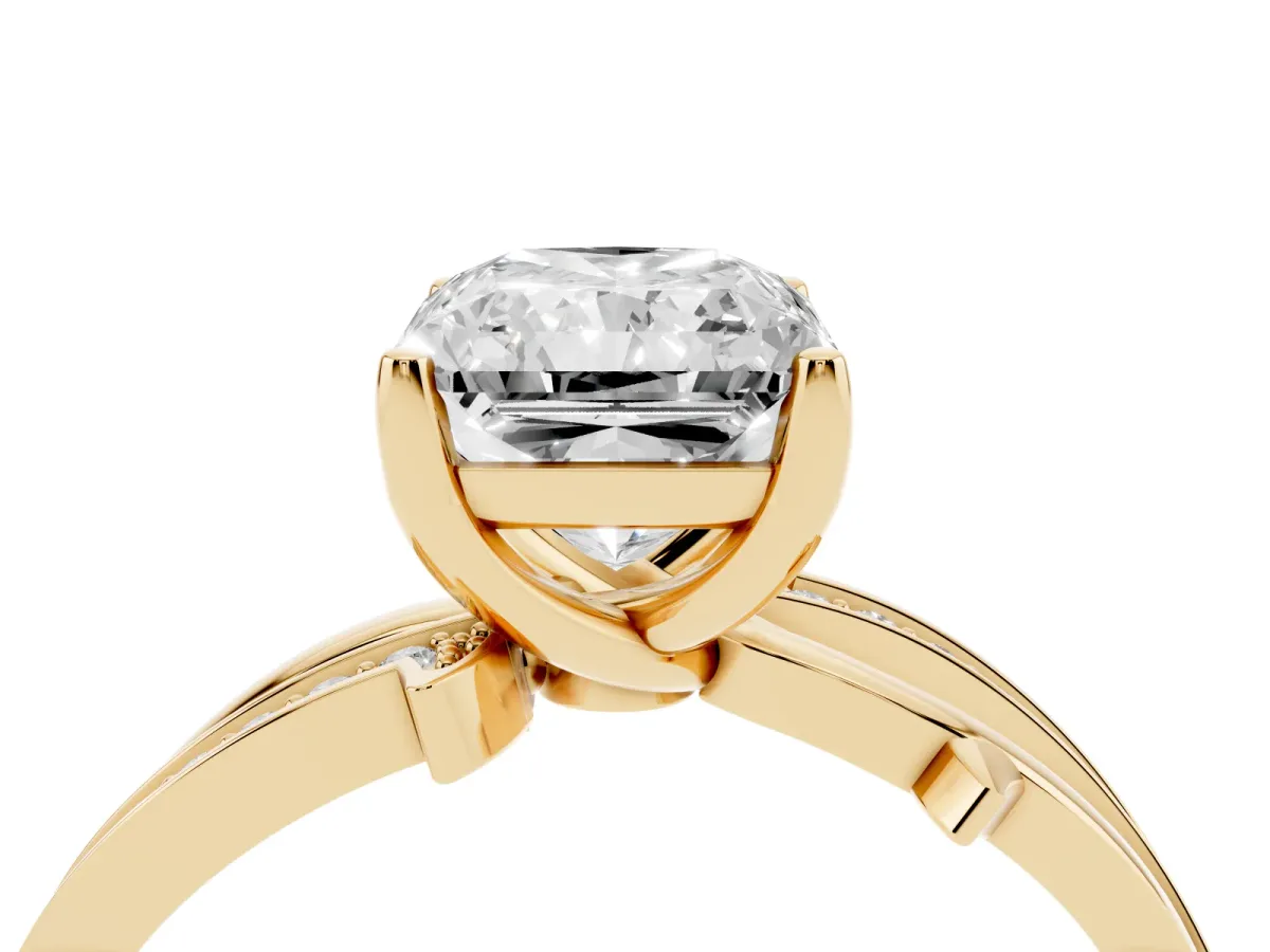 Radiant Cut Solitaire Twist Band with Pavé Accents and Four-Prong Setting Yellow gold
