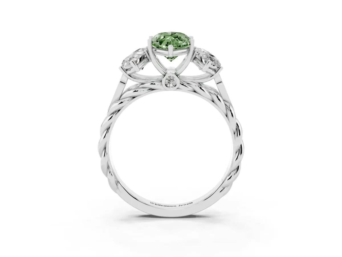 Fancy Green Three-Stone Marquise Cut Diamond Braided Band Ring with Four-Prong Setting Silver