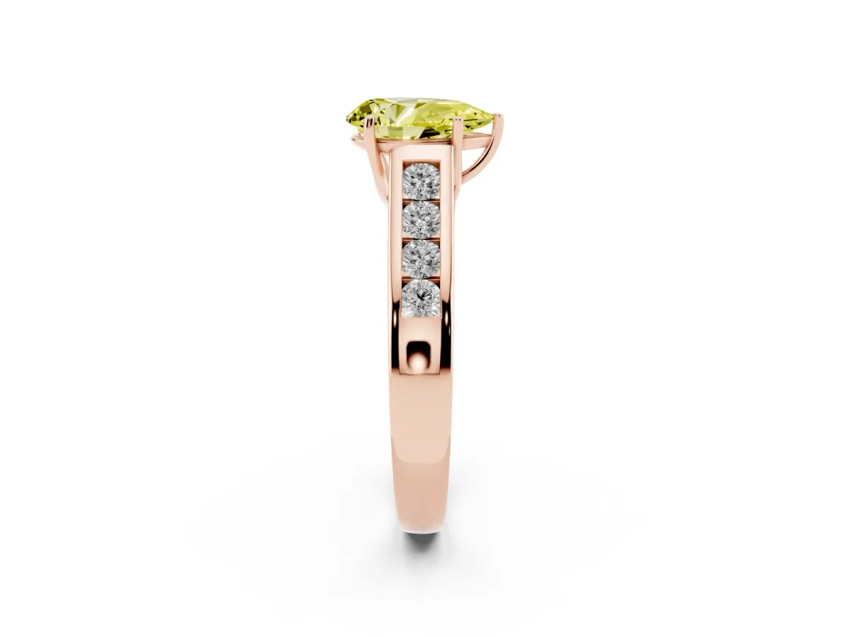 Fancy Yellow Pear Cut Brilliant Channel-Set Solitaire Ring with Four-Prong Setting Rose gold