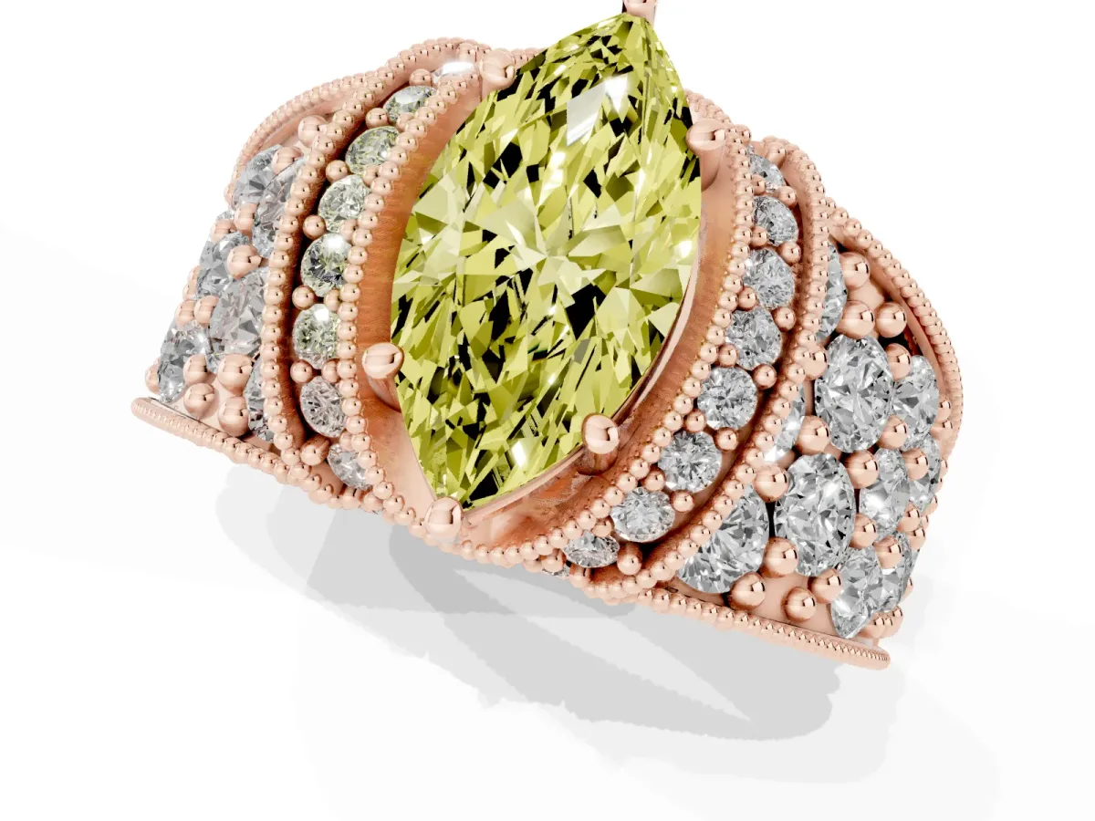 Fancy Yellow Marquise Cut Halo Pave Diamond Engagement Ring with Milgrain Detailing Rose gold