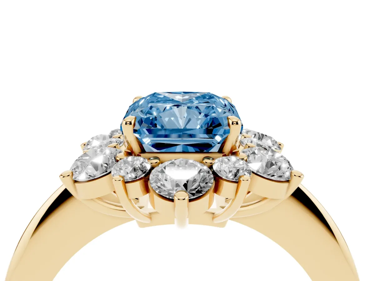 Fancy Blue Radiant Cut Diamond Cluster Halo Ring with Solitaire Band and Four-Prong Setting Yellow gold