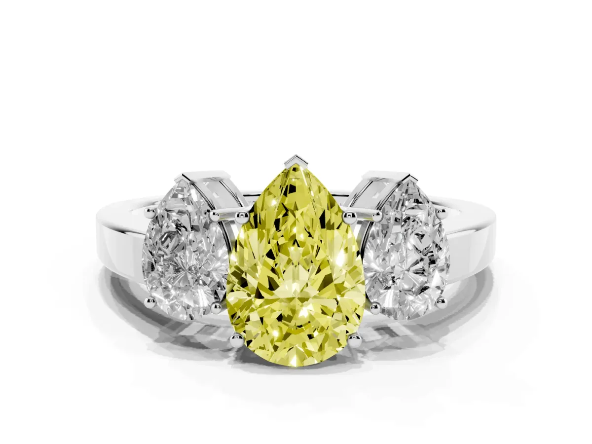 Fancy Yellow Three-Stone Pear Cut Cut Diamond Engagement Ring with Flat Band and Four-Prong Setting Silver