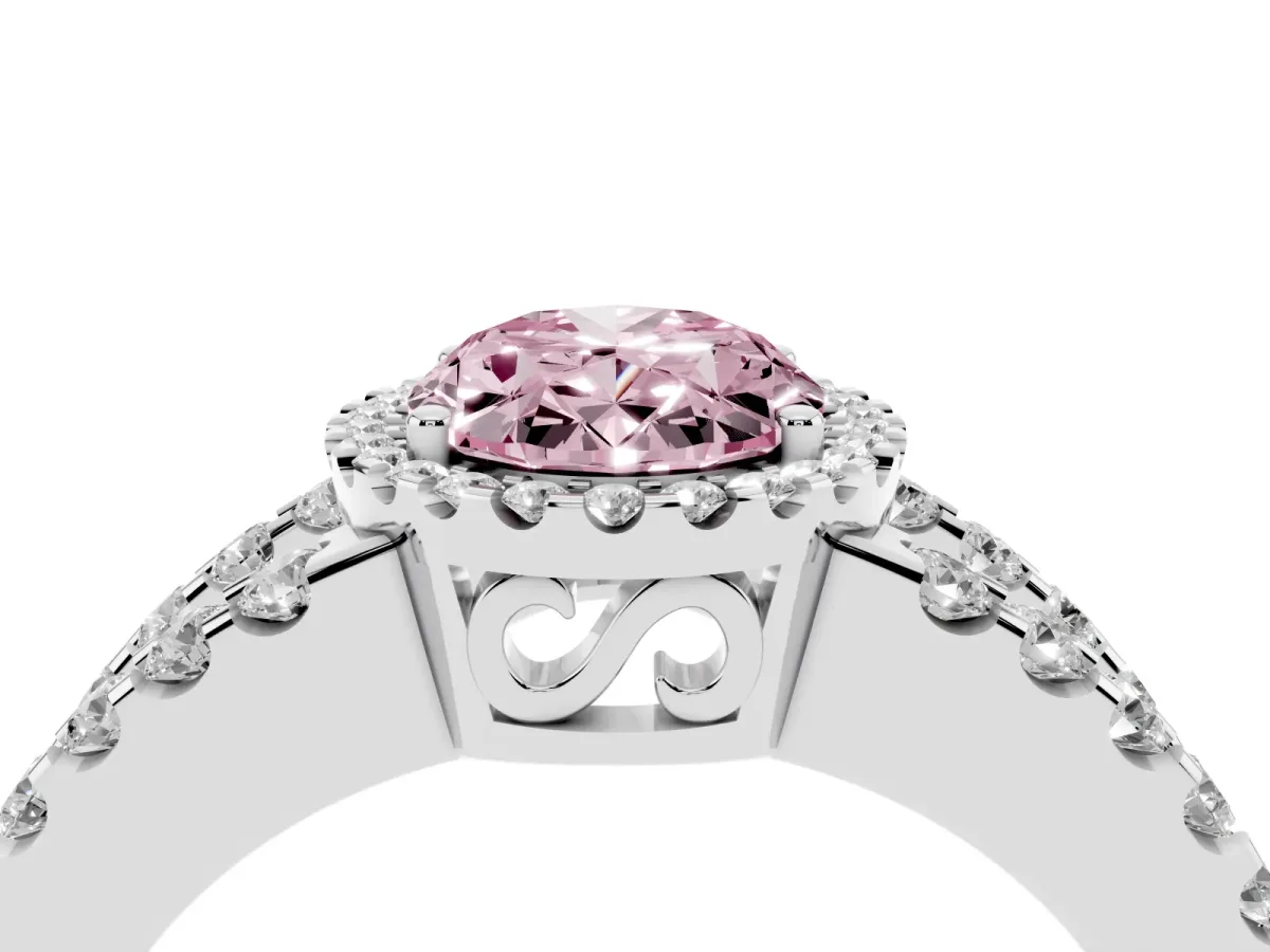 Fancy Pink Oval Cut Cut Halo Split Shank Diamond Ring with Four-Prong Setting Silver