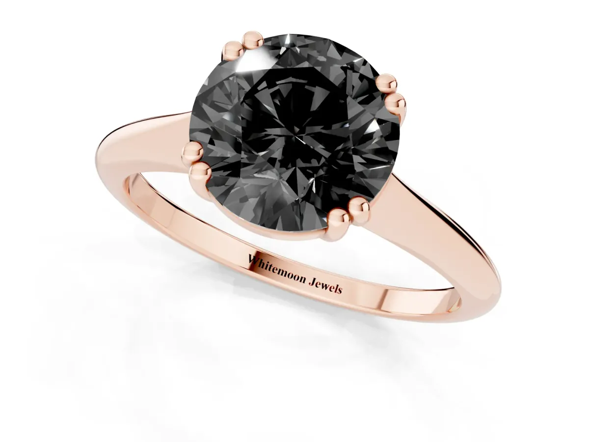 Fancy Black Round Cut Solitaire Diamond Ring with Six-Prong Setting and Classic Band Rose gold