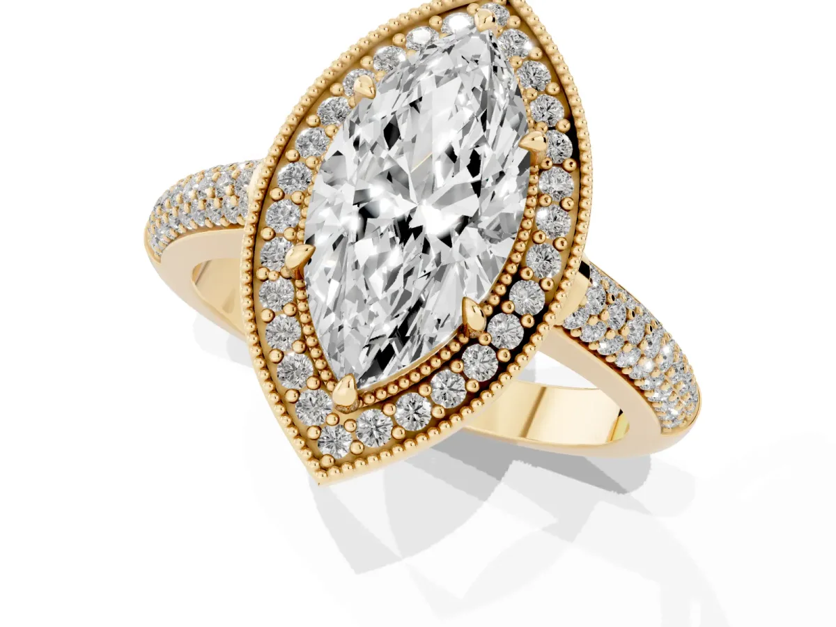 Marquise Cut Cut Halo Diamond Pave Band with Four-Prong Setting Yellow gold