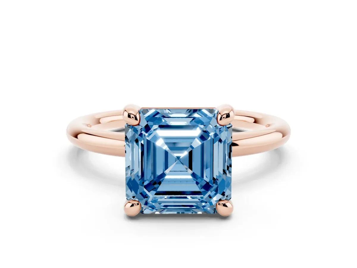 Fancy Blue Asscher Cut Solitaire Diamond Ring with Four-Prong Setting on a Plain Band Rose gold