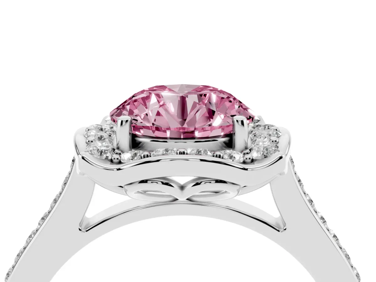 Fancy Pink Round Cut Halo Round Diamond Pave Band with Four-Prong Setting Silver