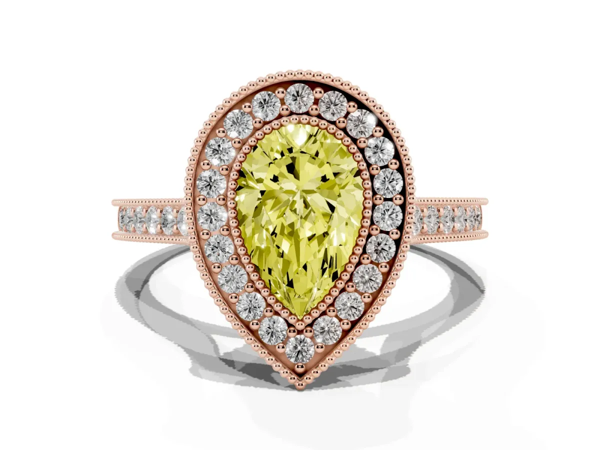 Fancy Yellow Halo Pear Cut-Cut Diamond Pave Band Milgrain Prong Setting Ring Rose gold