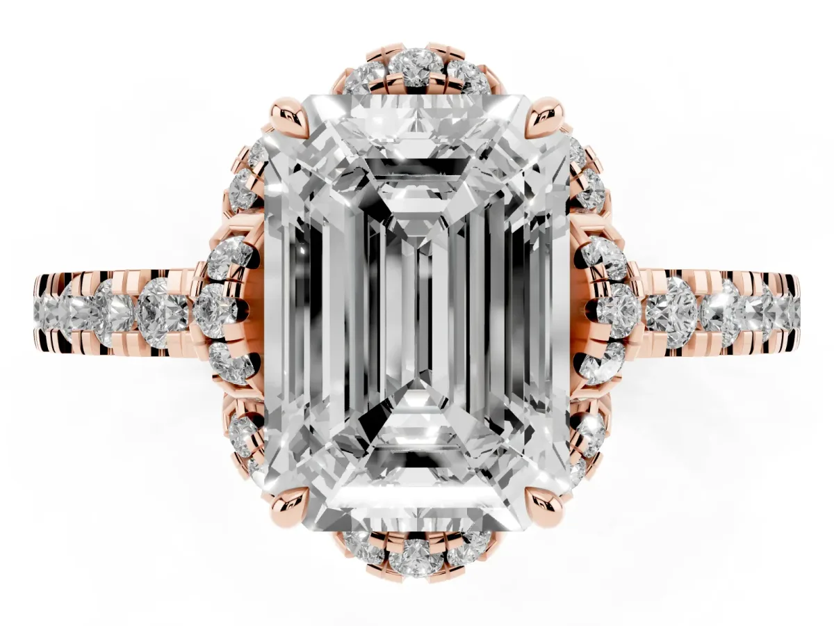 Emerald Cut Diamond Halo Pave Band with Four-Prong Setting Rose gold