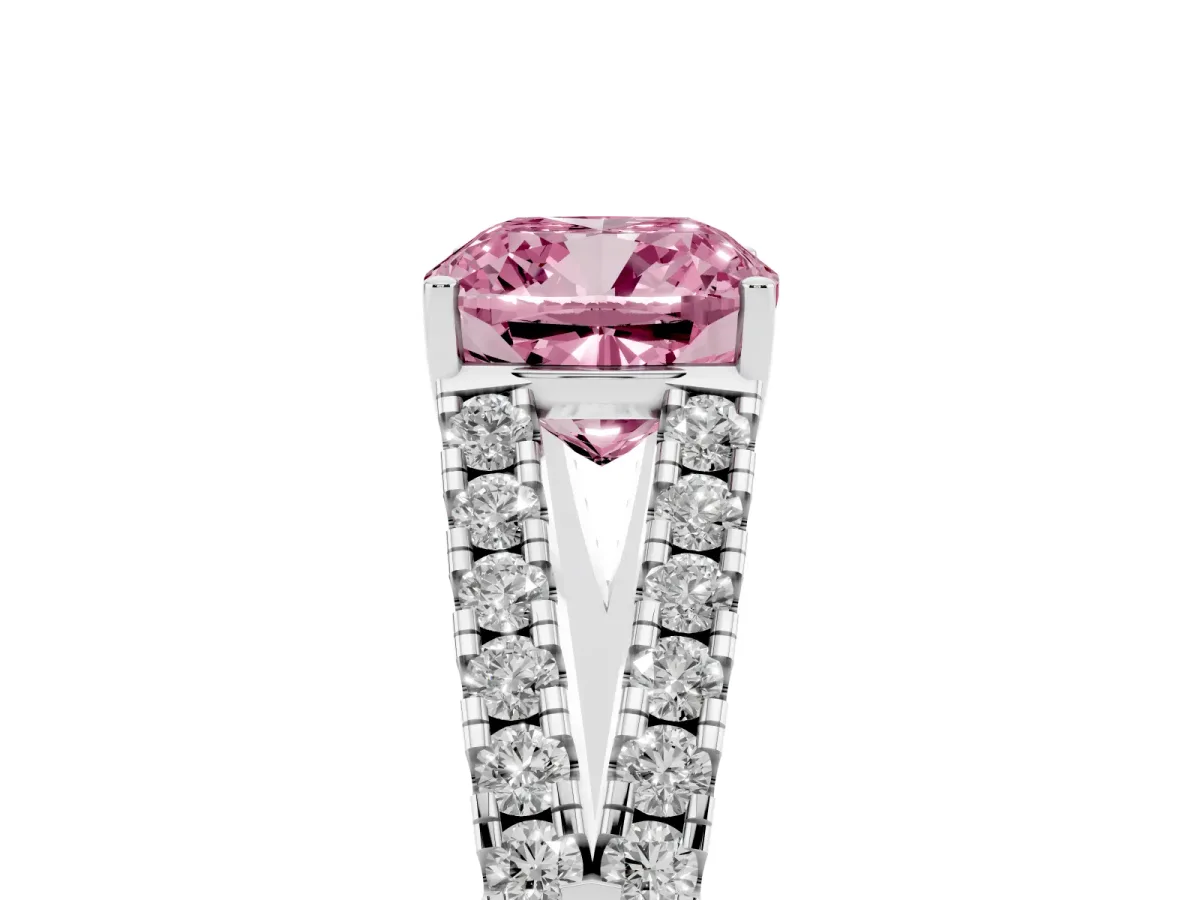 Fancy Pink Cushion Cut Diamond Split Shank Pavé Engagement Ring with Four-Prong Setting Silver