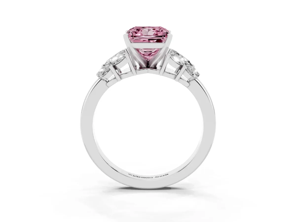 Fancy Pink Princess Cut Diamond Cluster Leaf Design Ring with Prong Setting Silver