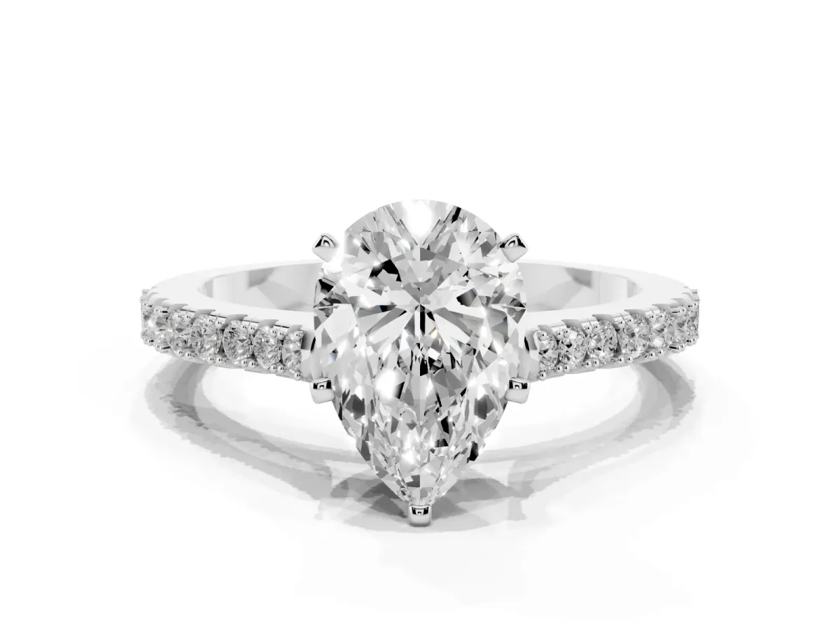 Pear Cut Cut Solitaire Diamond Engagement Ring with Pave Band and Four-Prong Setting Platinum