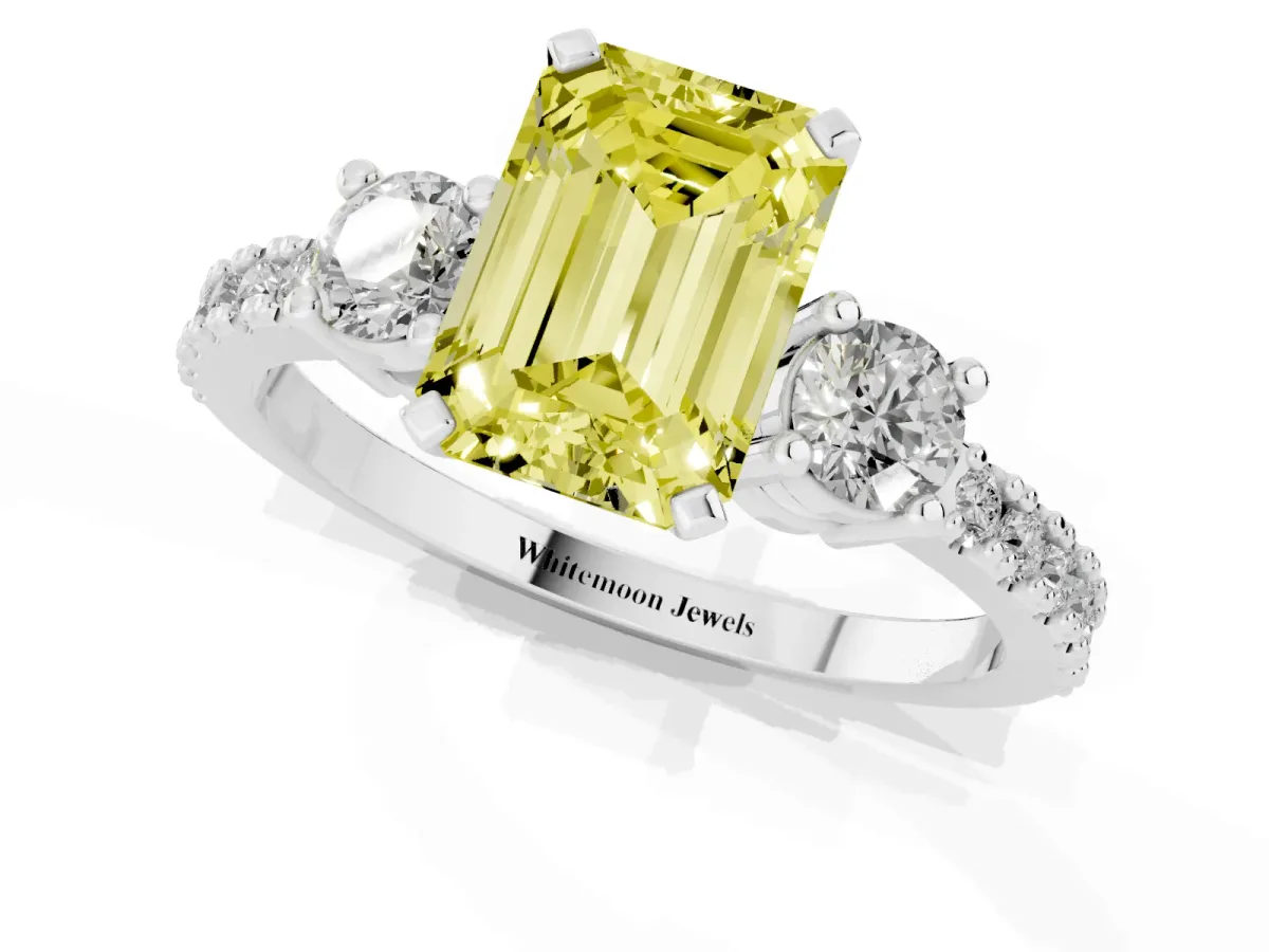 Fancy Yellow Emerald Cut Three-Stone Diamond Pavé Band with Prong Setting Platinum