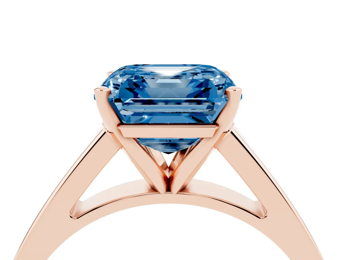 Fancy Blue Asscher Cut Solitaire Engagement Ring with Four-Prong Setting and Tapered Band Rose gold