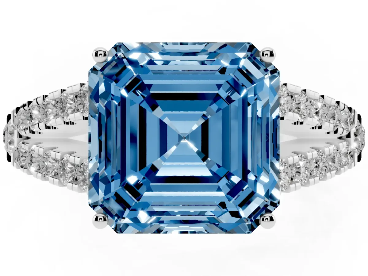 Fancy Blue Asscher Cut Diamond Split Shank Pavé Engagement Ring with Four-Prong Setting White gold