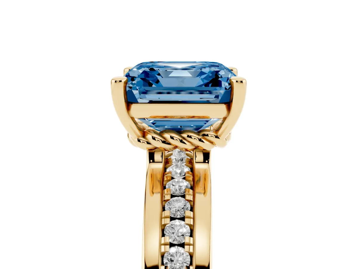 Fancy Blue Asscher Cut Solitaire Diamond Ring with Channel Set Band and Six-Prong Setting Yellow gold