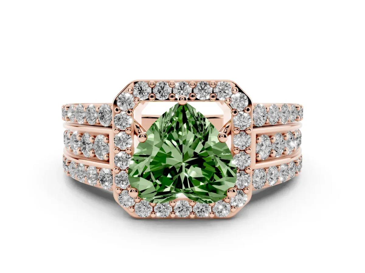Fancy Green Heart Cut Halo Diamond Ring with Round Split Shank and Prong Setting Rose gold